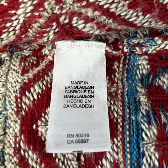 Lucky Brand Aztec Drape Wrap Cardigan Sweater Small Red Beige Tribal Pockets - Picture 11 of 13